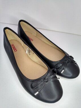Vintage Bongo Ballet Flats Size 10M Black Faux Leather Bows Round Toe 80s Retro